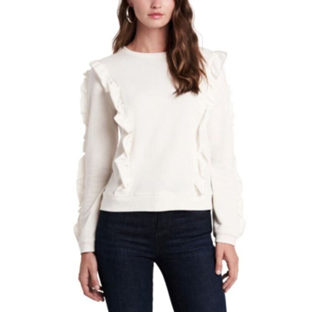 1. State Women's Ruffled Crew Neck Sweatshirt in Soft Ecru Medium MSRP $69